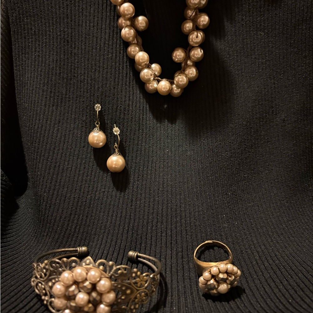 Pearl Cluster Jewelry Set - Gold-Tone Beige Necklace, Earrings, Bracelet & Ring